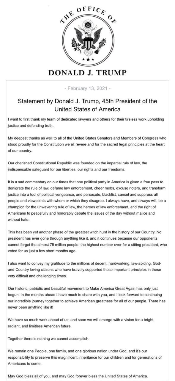 20210213 Trump Statement 20210213 Trump Statement